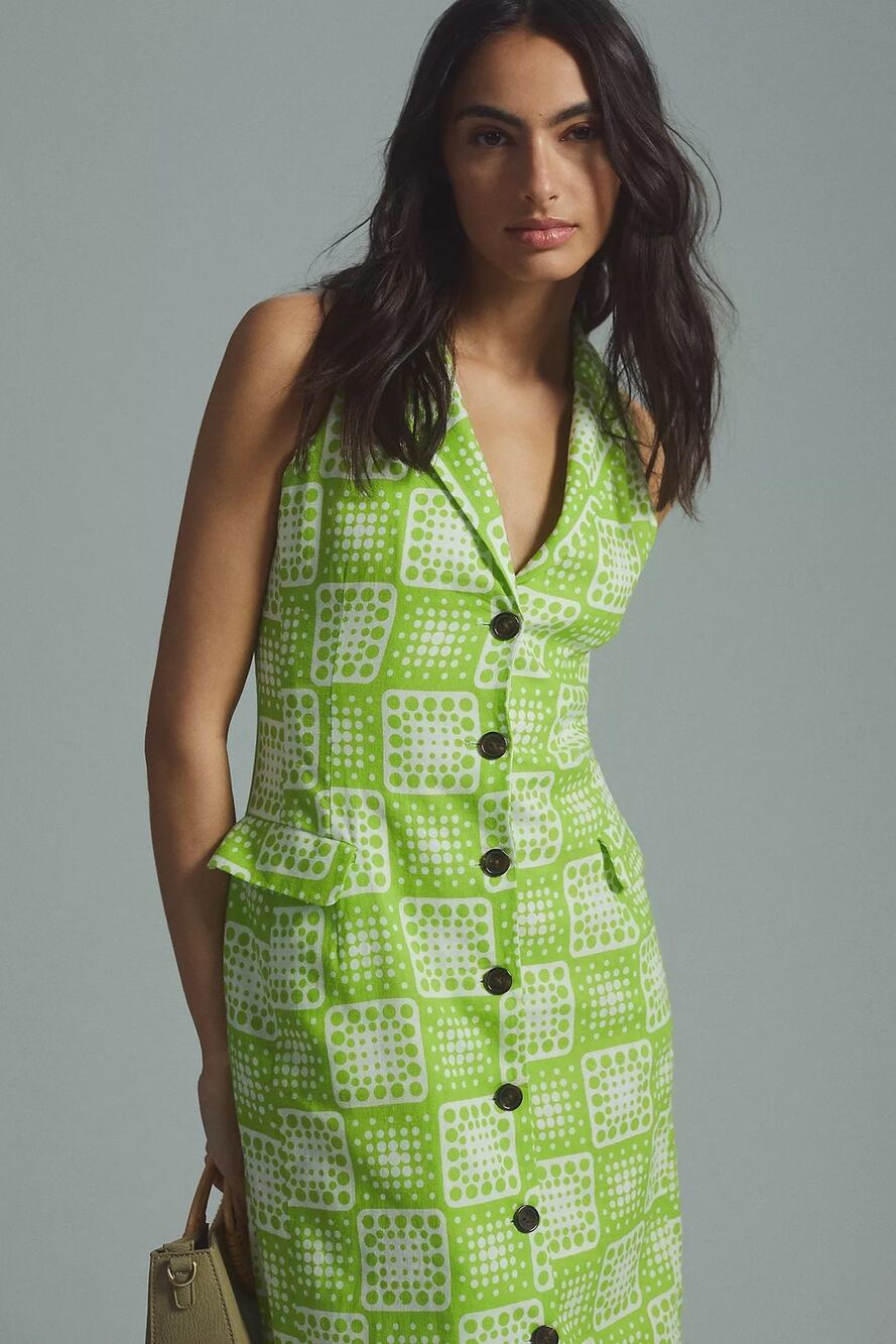 Anthropologie The Odells Button Front Cotton Linen Midi Dress Lime Green Sz 4